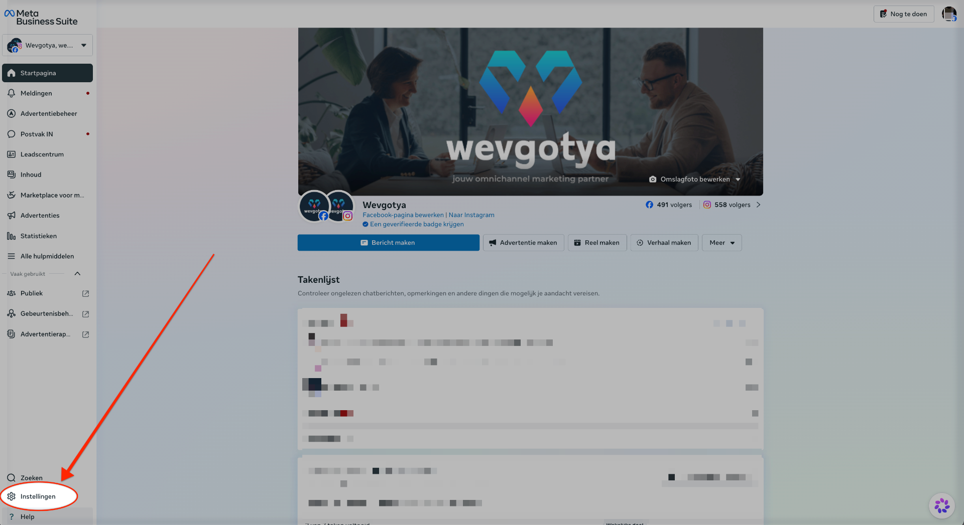 Meta Business Suite met tandwiel-icoon linksonder