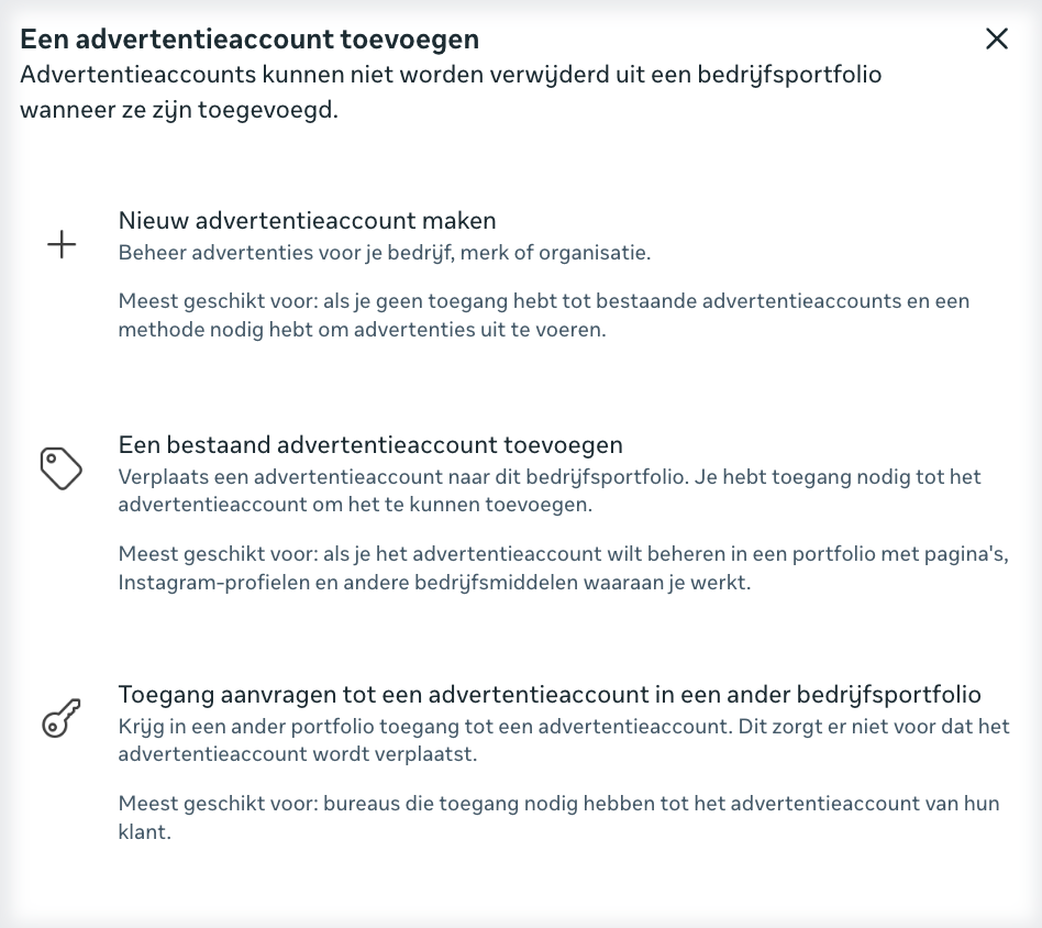 Dialoog 'Een advertentieaccount toevoegen'