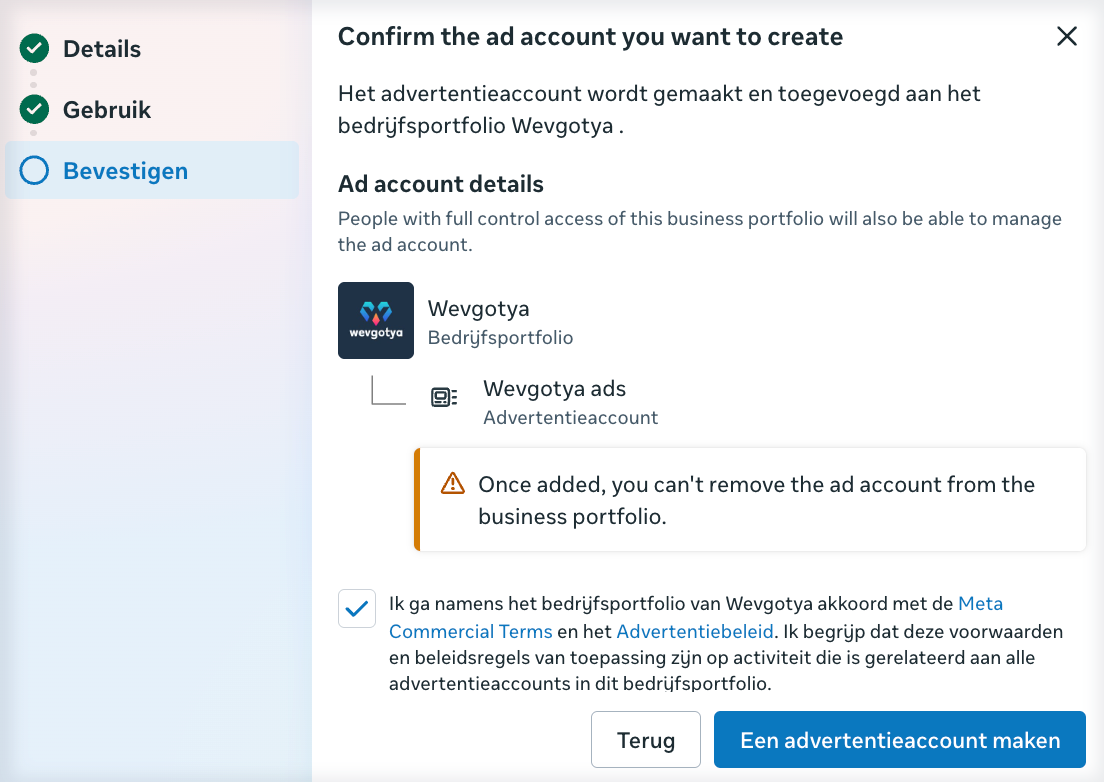 Bevestigingsscherm advertentieaccount