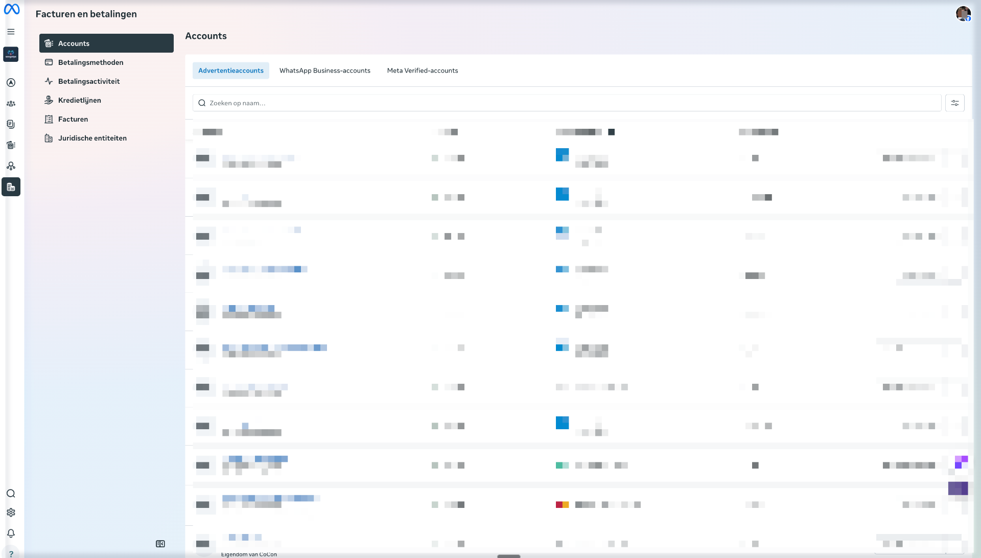 Lijst met advertentieaccounts in Facturen en betalingen