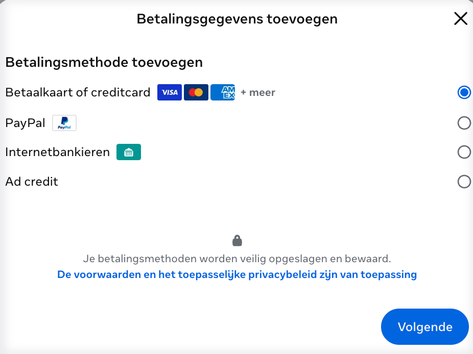 Dialoog 'Betalingsgegevens toevoegen' met betaalmethodes
