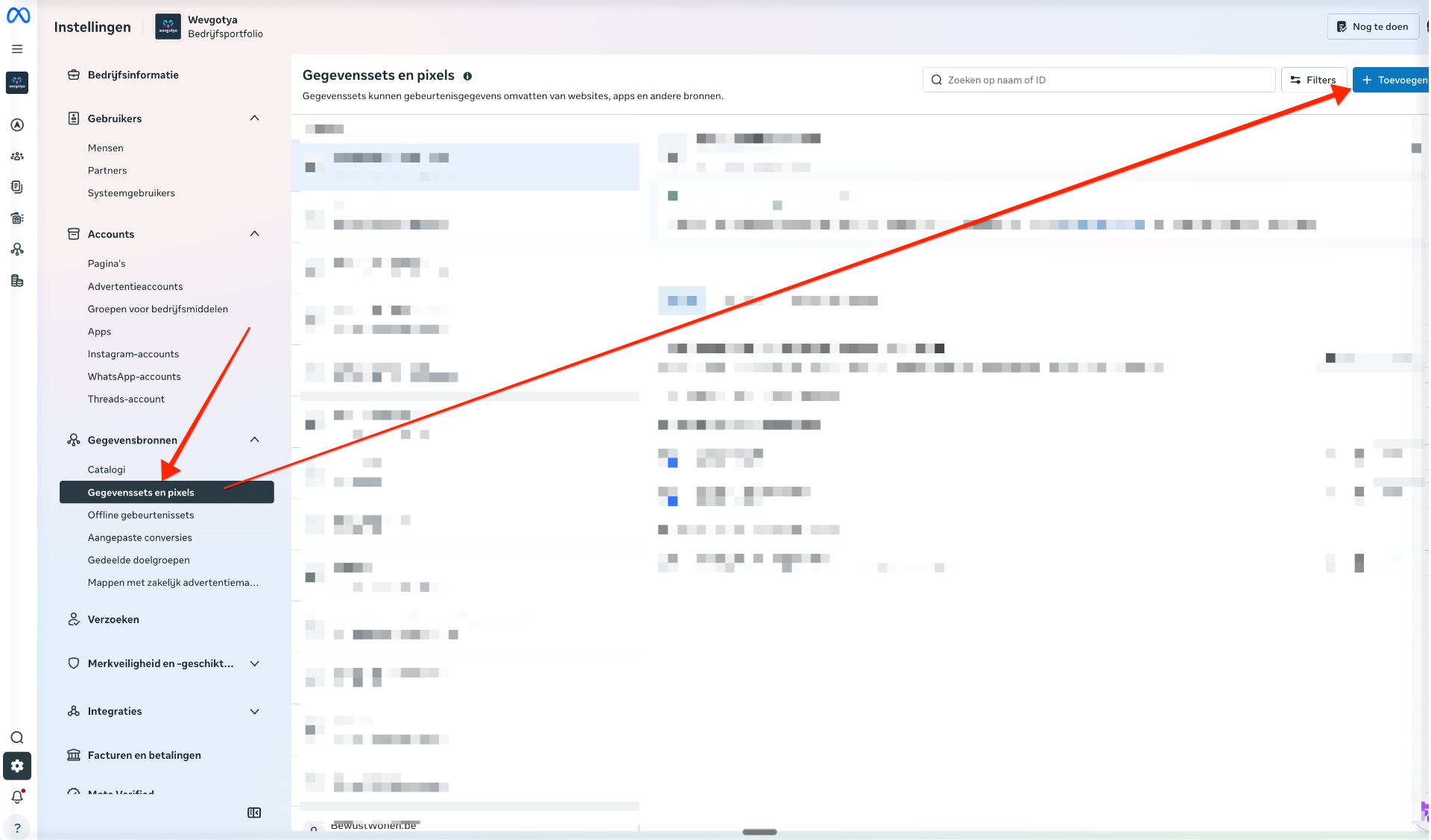Bedrijfsinstellingen · Gegevenssets en pixels met de knop Toevoegen