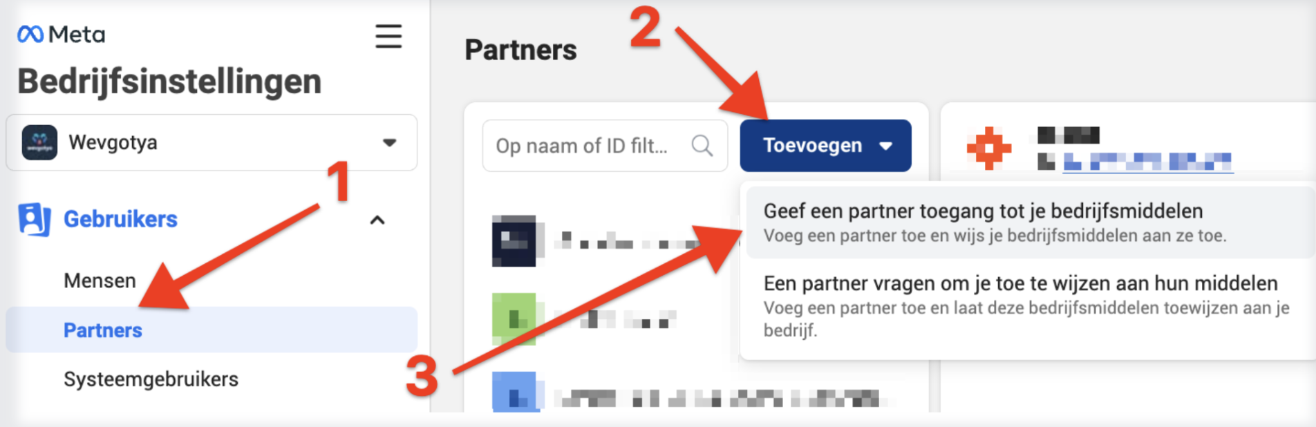 Bedrijfsinstellingen · Partners met de knop Toevoegen en optie 'Geef een partner toegang tot je bedrijfsmiddelen'