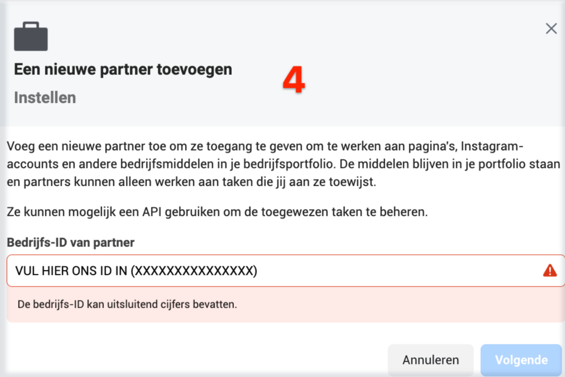 Dialoog 'Een nieuwe partner toevoegen' met invoerveld voor Bedrijfs-ID