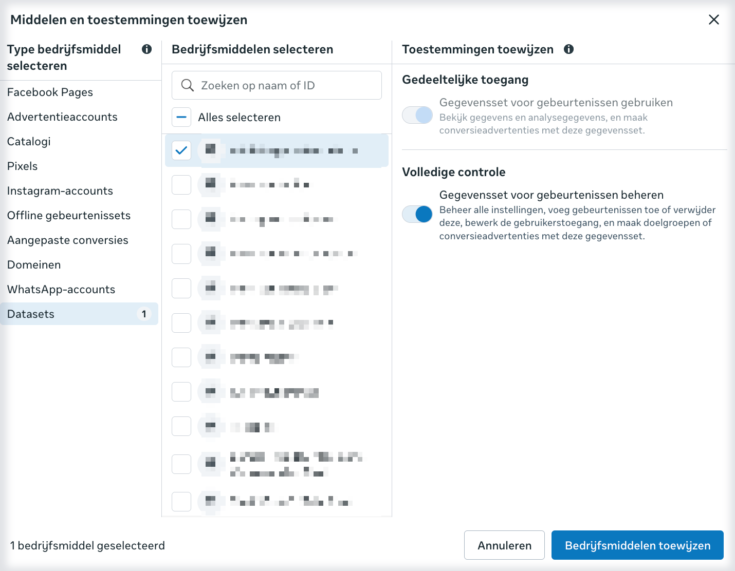 Middelen en toestemmingen toewijzen · Datasets met volledige toegang tot pixel